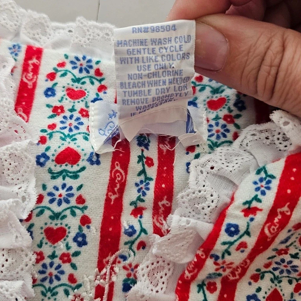 Lanz of Salzburg Nightgown M Red Floral Heart Stripe Lace Maxi Cotton Cottage